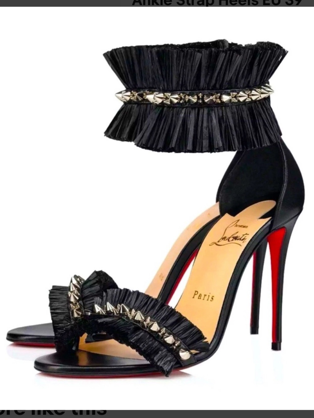 Christian Louboutin Poupedou Black Spike Raffia Ankle Strap Heels EU 39 Red Sole - Picture 2 of 9